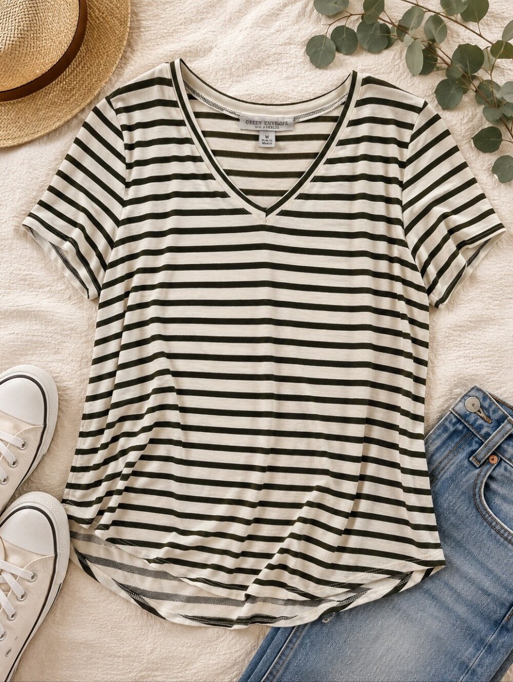 Green Envelope Los Angeles M Striped V Neck High Low Tee Rayon Stretch